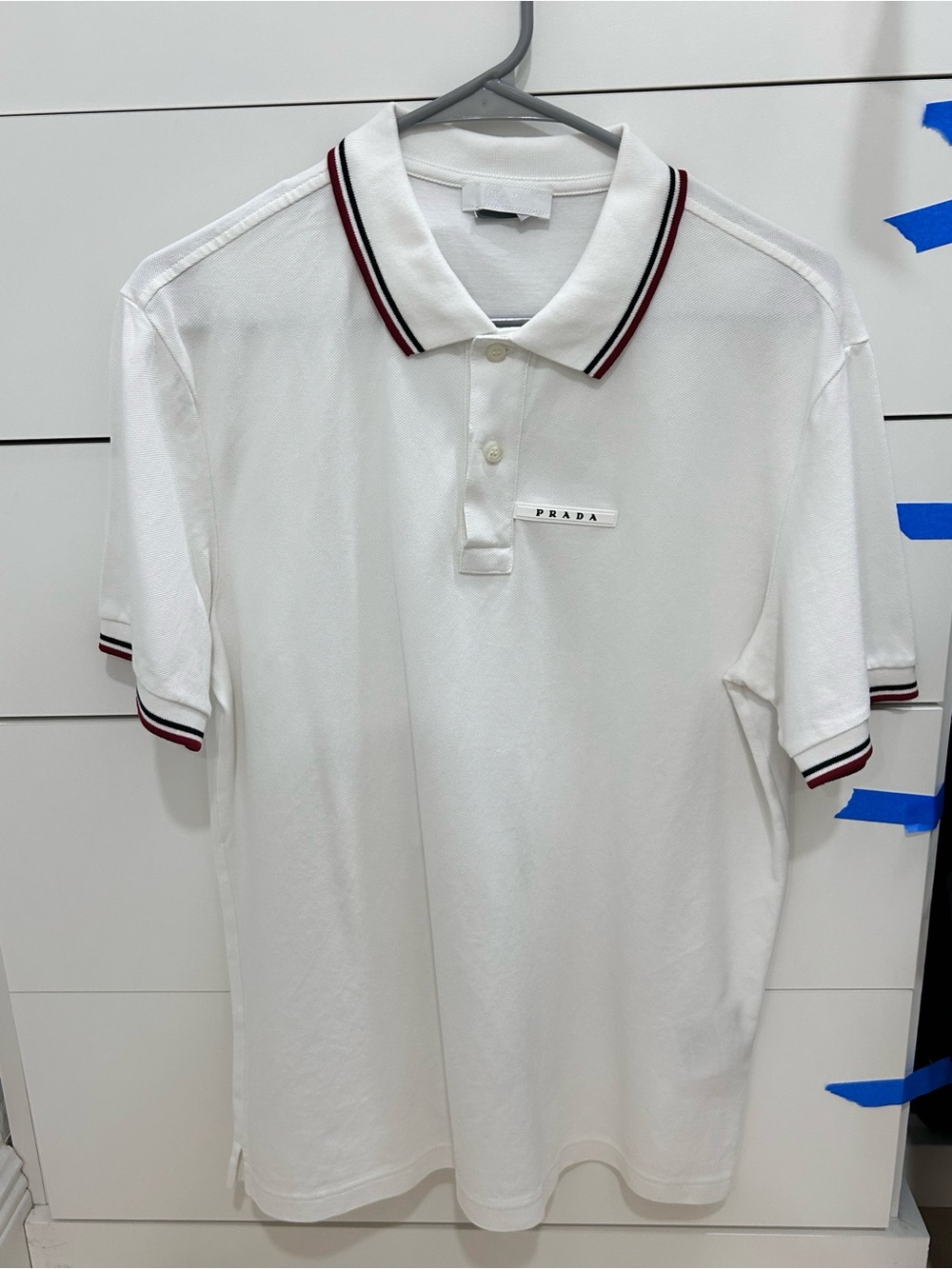 WORN ONCE! Prada White Polo with Burgundy and Black Stripe Trim